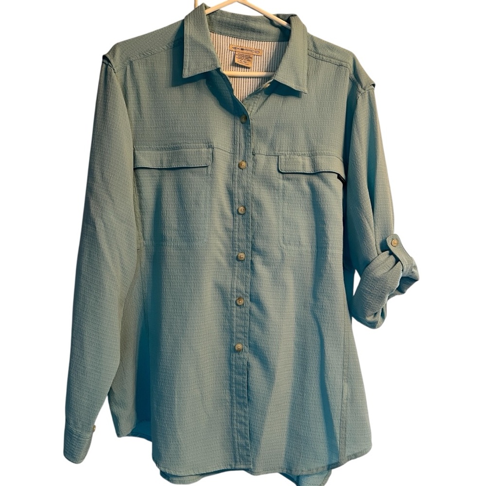 Exofficio women’s blue button up vented outdoor button up long sleeve shirt, XL
